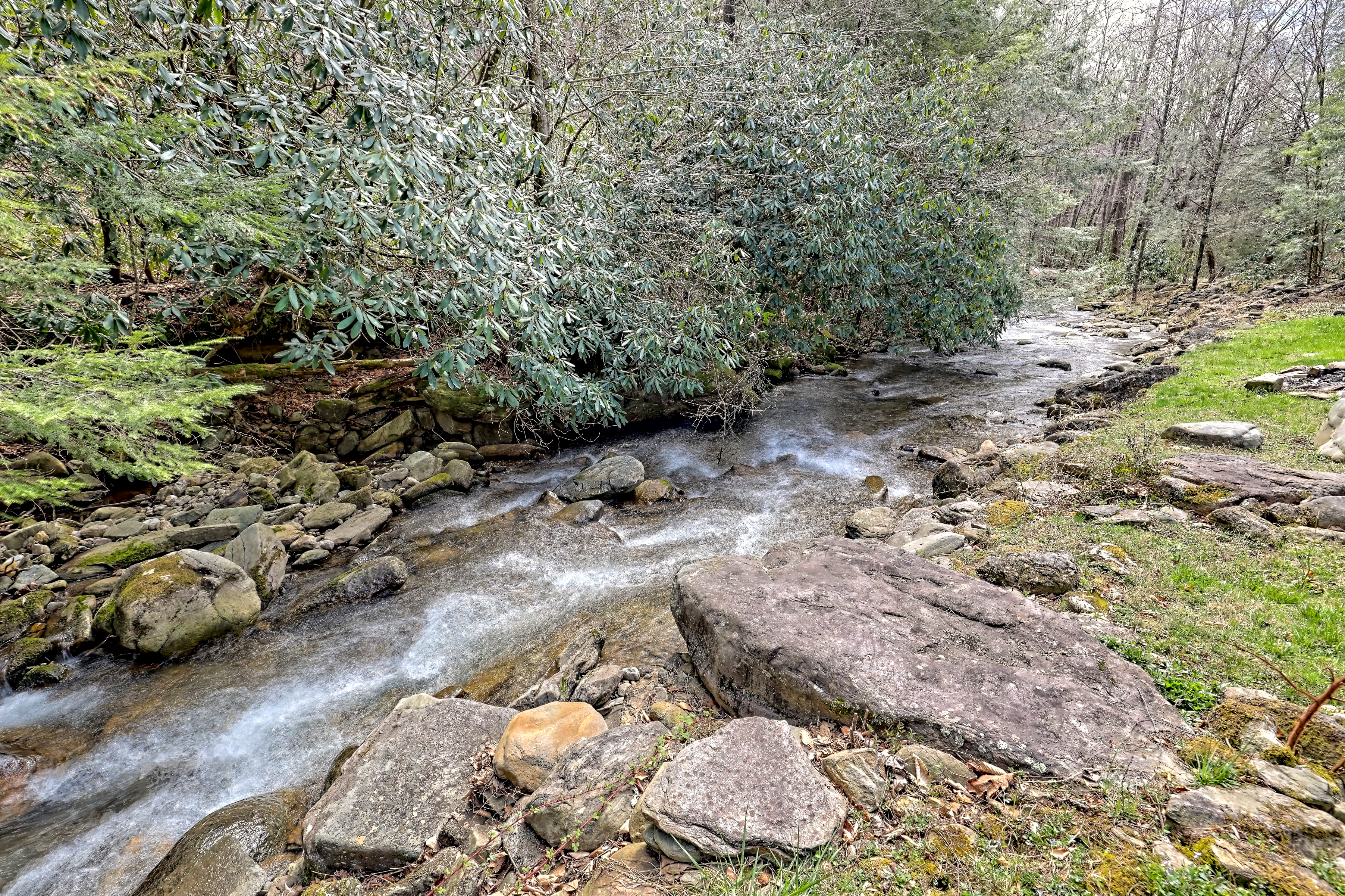 Direct river frontage along the Tallulah with rocks and forest